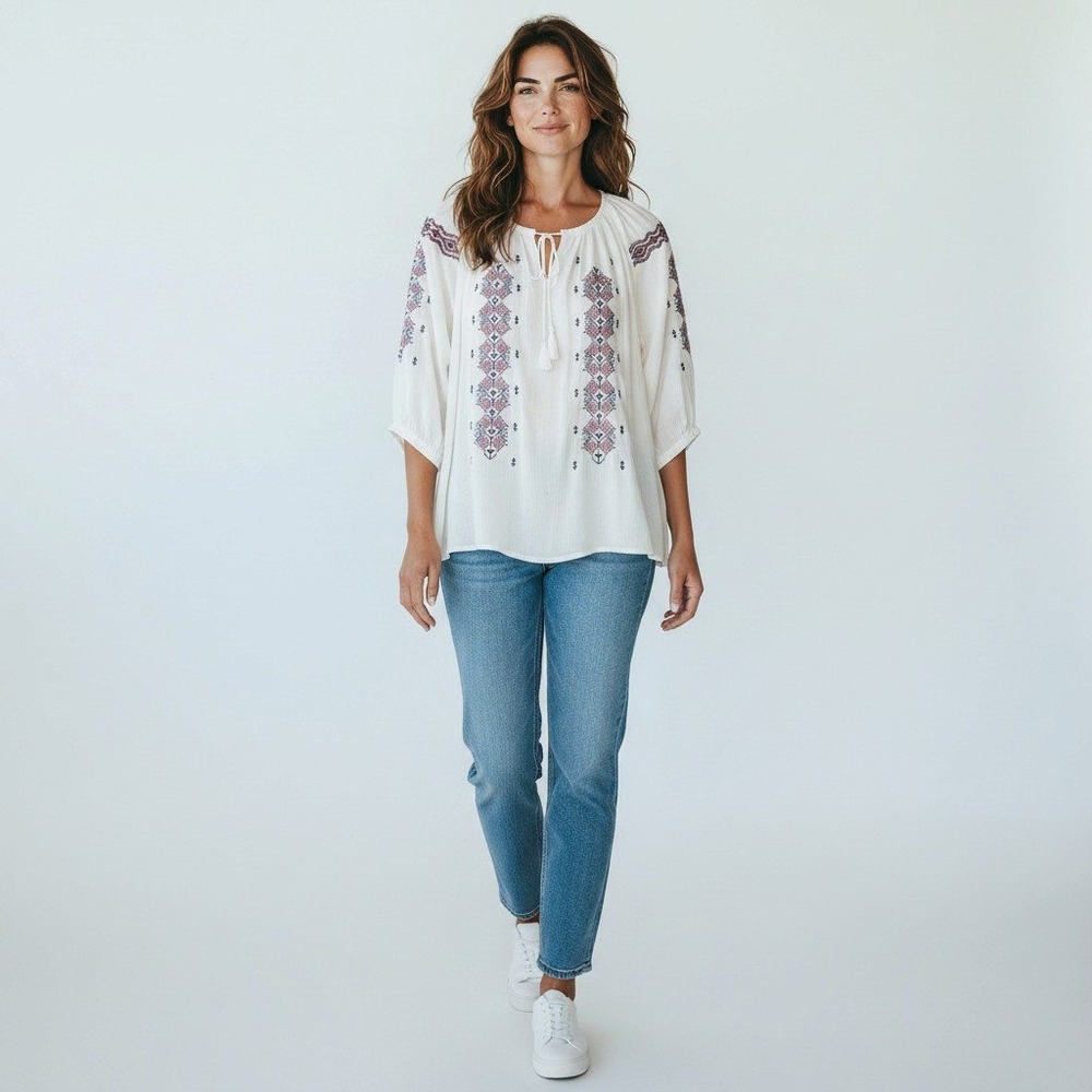 Adrienne Vittadini Peasant Blouse 1X Ivory Embroidered Tassel Split Neck Top